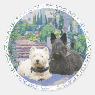 Scottie & Westie in Cozy Garden Classic Round Sticker