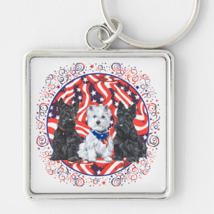 Scotties and a Westie Patriotic Keychain