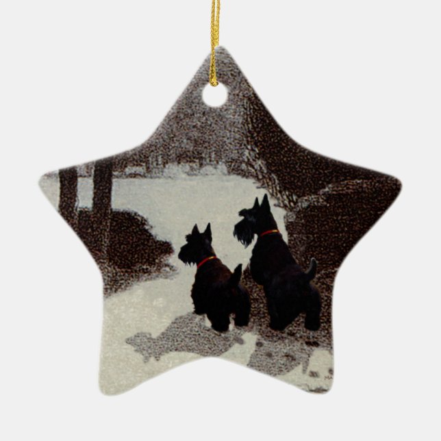 Scotties on Surreal Winter Night Ceramic Ornament (Front)