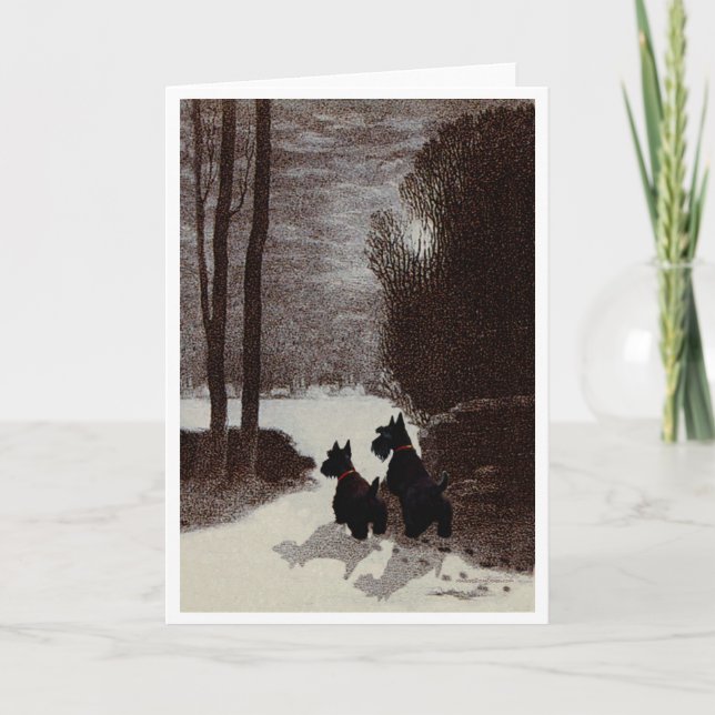 Scotties on Surreal Winter Night Holiday Card (Front)