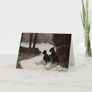 Scotties on Surreal Winter Night Holiday Card