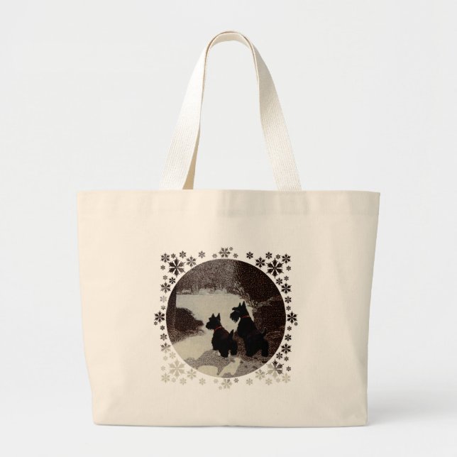 Scotties on Surreal Winter Night Large Tote Bag (Front)