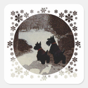 Scotties on Surreal Winter Night Square Sticker