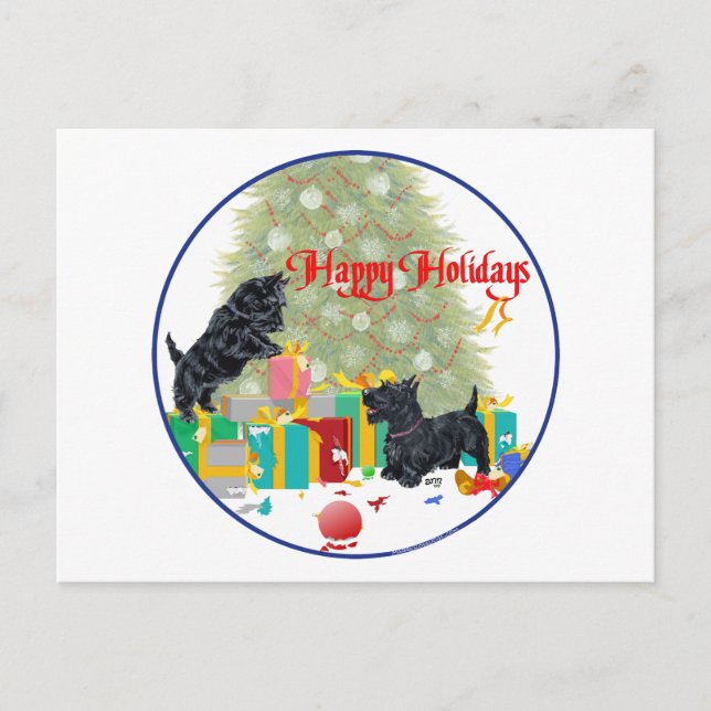 Scotties Sort the Christmas Gifts Holiday Postcard (Front)