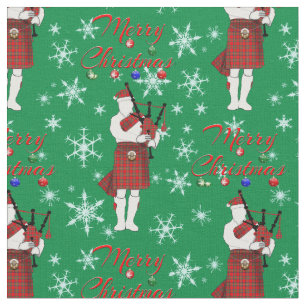 Scottish Bagpiper Merry Christmas with Snowflakes Fabric