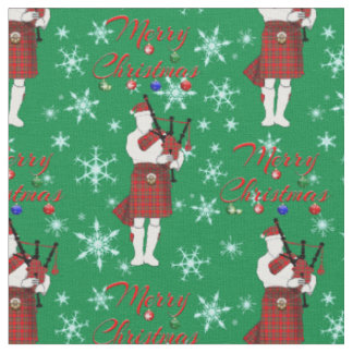 Scottish Bagpiper Merry Christmas with Snowflakes Fabric