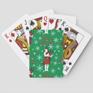 Scottish Bagpiper Merry Christmas with Snowflakes Playing Cards