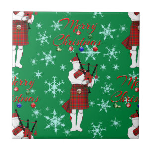 Scottish Bagpiper Merry Christmas with Snowflakes Tile