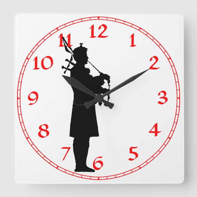 Scottish Bagpiper Silhouette Square Wall Clock (Front)