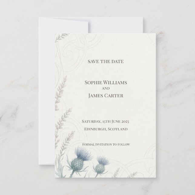 Scottish Blue Thistle Save the Date Card (Front)