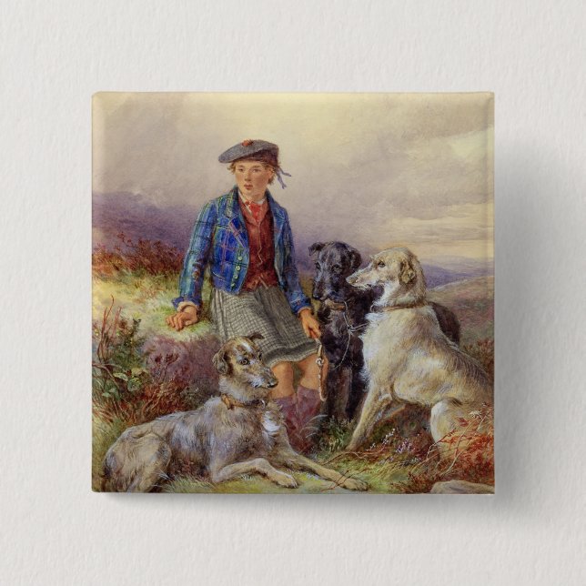 Scottish boy with wolfhounds in a Highland landsca 2 Inch Square Button (Front)