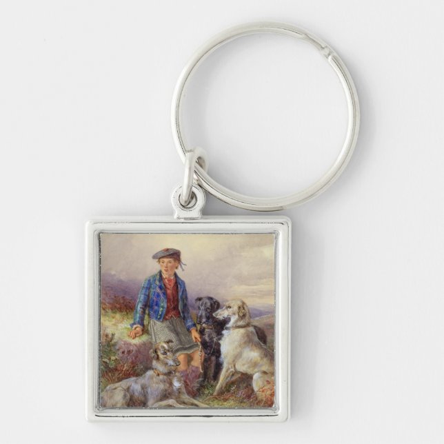 Scottish boy with wolfhounds in a Highland landsca Keychain (Front)