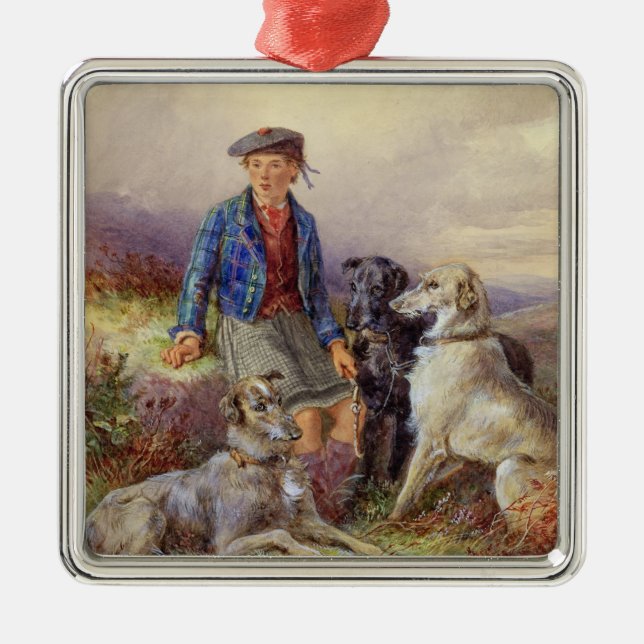 Scottish boy with wolfhounds in a Highland landsca Metal Ornament (Front)