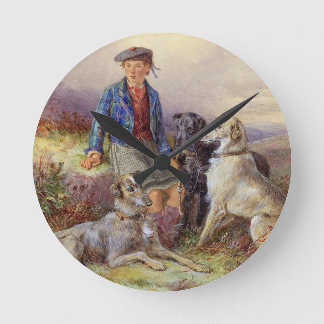 Scottish boy with wolfhounds in a Highland landsca Round Clock (Front)