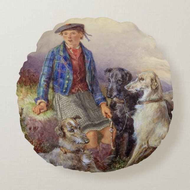 Scottish boy with wolfhounds in a Highland landsca Round Pillow (Front)