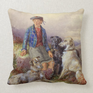 Scottish boy with wolfhounds in a Highland landsca Throw Pillow