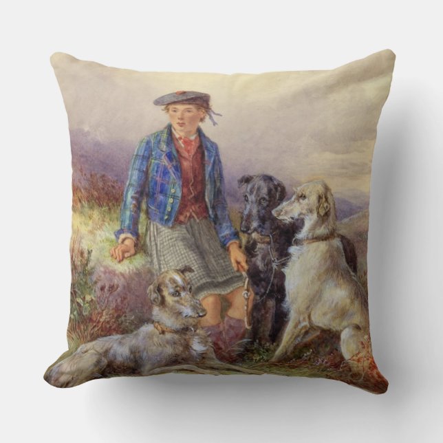 Scottish boy with wolfhounds in a Highland landsca Throw Pillow (Front)