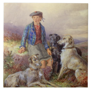 Scottish boy with wolfhounds in a Highland landsca Tile