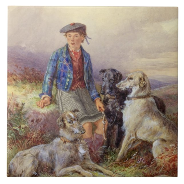 Scottish boy with wolfhounds in a Highland landsca Tile (Front)