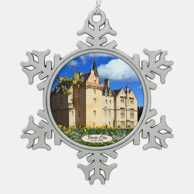 Scottish Brodie Clan's Castle Photo Snowflake Pewter Christmas Ornament (Front)