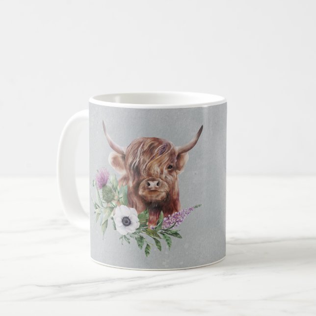 Scottish Brown Highland Cow Floral Personalized Coffee Mug (Front Left)