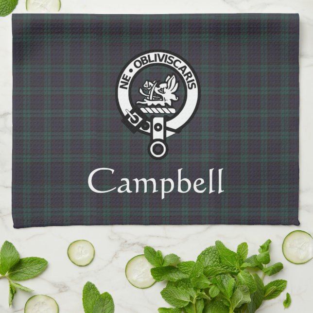 Scottish Campbell Crest Badge & Tartan  Kitchen Towel (Folded)