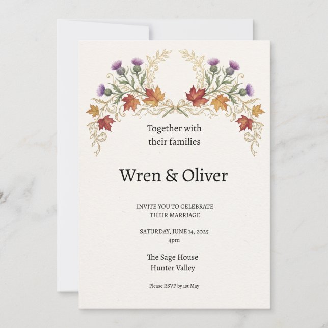 Scottish Canadian Maple Thistle Wedding Invitation (Front)
