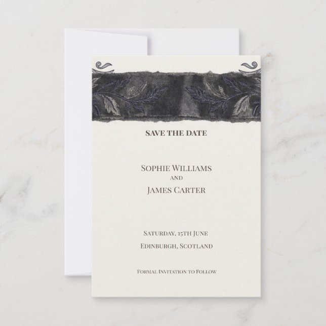 Scottish Charcoal Ornamental Save the Date Card (Front)