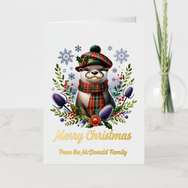 Scottish Christmas Otter Christmas with Thistle Foil Greeting Card (Front)