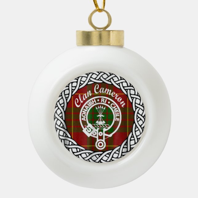 Scottish Clan Cameron Tartan and Crest Ceramic Ball Christmas Ornament (Front)