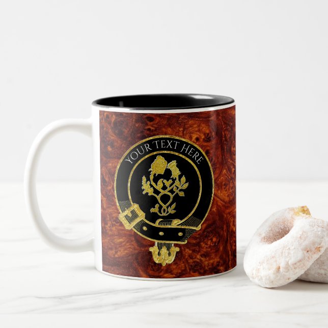 Scottish Clan Crest Rose Thistle Burl Pattern Two-Tone Coffee Mug (With Donut)