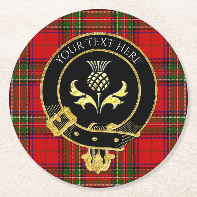 Scottish Clan Crest Thistle Tartan Round Paper Coaster (Front)