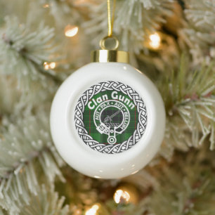 Scottish Clan Gunn Tartan and Crest Ceramic Ball Christmas Ornament