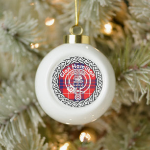 Scottish Clan Hamilton Tartan and Crest Ceramic Ball Christmas Ornament