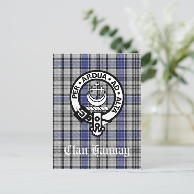 Scottish Clan Hannay Crest Badge and Tartan Custom Postcard (Standing Front)