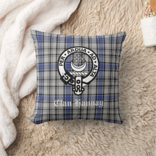 Scottish Clan Hannay Crest Badge and Tartan Custom Throw Pillow