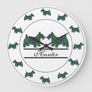 Scottish Clan Hunter Tartan Plaid Scottie Dogs Large Clock