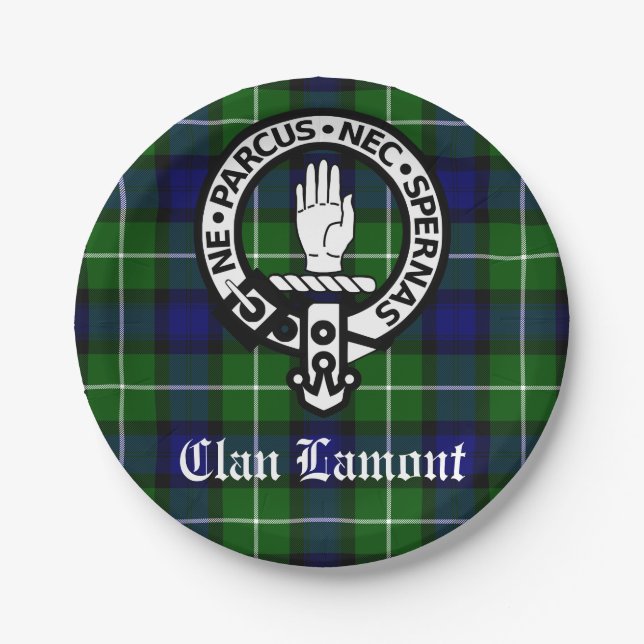 Scottish Clan Lamont Crest Badge and Tartan Paper Plate (Front)