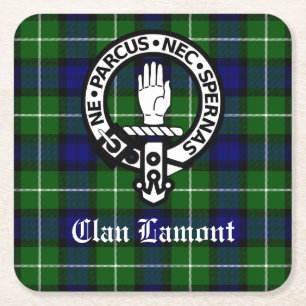 Scottish Clan Lamont Crest Badge and Tartan Square Paper Coaster