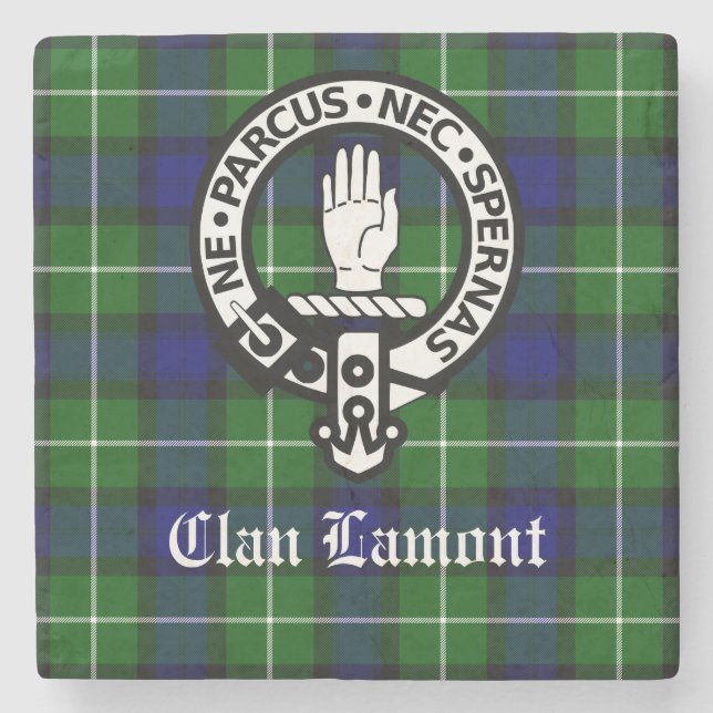Scottish Clan Lamont Crest Badge and Tartan Stone Coaster (Front)