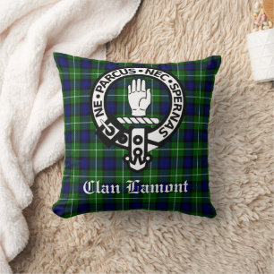 Scottish Clan Lamont Crest Badge and Tartan Throw Pillow