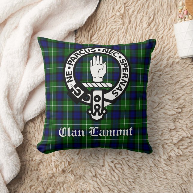 Scottish Clan Lamont Crest Badge and Tartan Throw Pillow (Blanket)