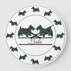 Scottish Clan Leslie Hunting Tartan Scottie Dogs Large Clock
