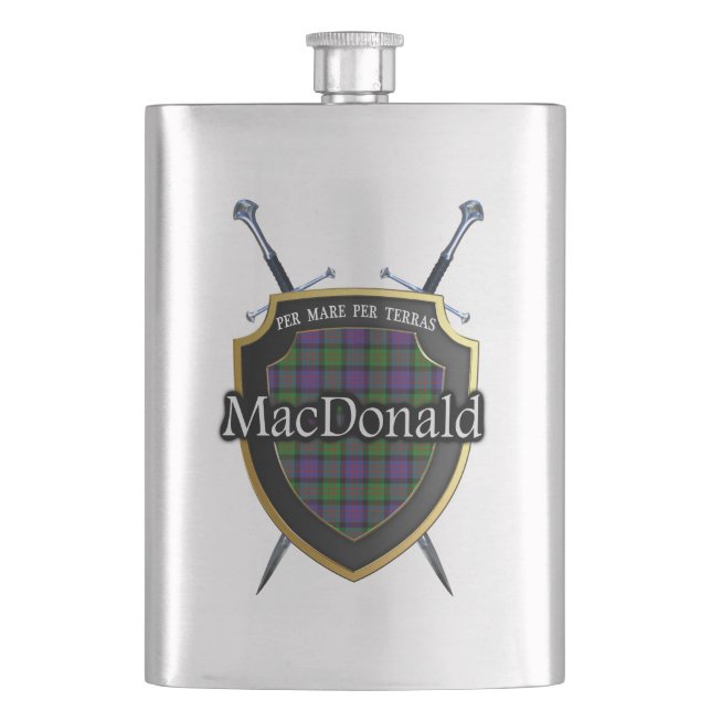 Scottish Clan MacDonald Tartan Shield and Swords Hip Flask (Front)