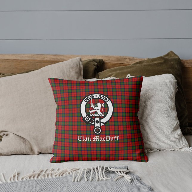 Scottish Clan MacDuff Tartan and Crest Badge  Throw Pillow (Creator Uploaded)