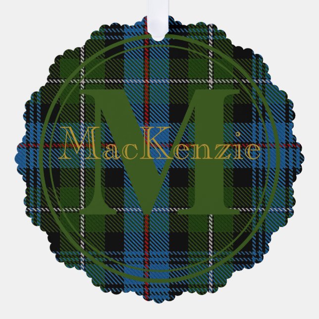 Scottish Clan MacKenzie Tartan Gold Name-Initial Ornament Card (Front)