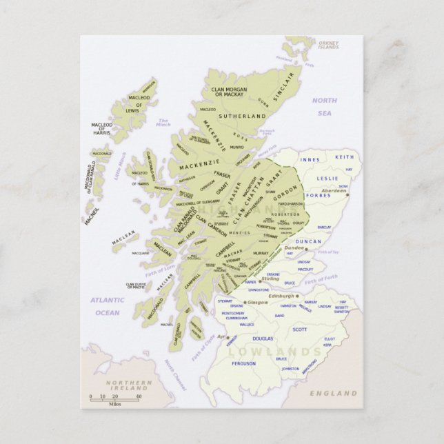 Scottish Clan Map of Scotland Postcard (Front)