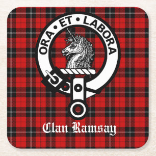 Scottish Clan Ramsay Crest & Tartan Customizable Square Paper Coaster