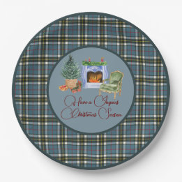 Scottish Clan Tartan Thompson Blue Christmas Paper Plate