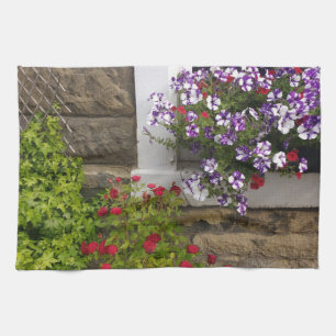 Scottish cottage window with petunias and roses kitchen towel